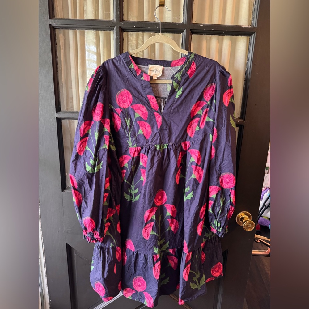 Umgee Navy Dress with Pink Floral Accents